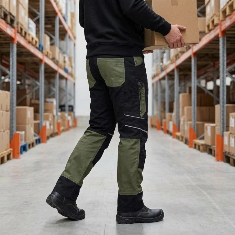 Spodnie COTTONFLEX czarno-oliwkowe – zdjęcie w użyciu