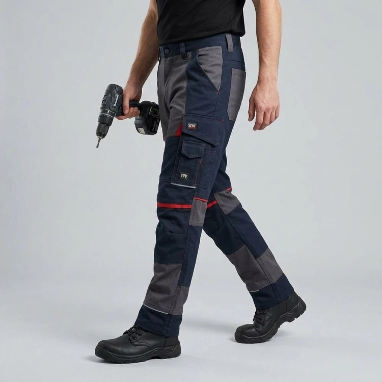 Spodnie robocze COTTONFLEX granatowo-ciemnoszare na modelu