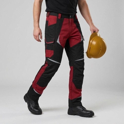 Spodnie robocze COTTONFLEX czarno-czerwone na modelu