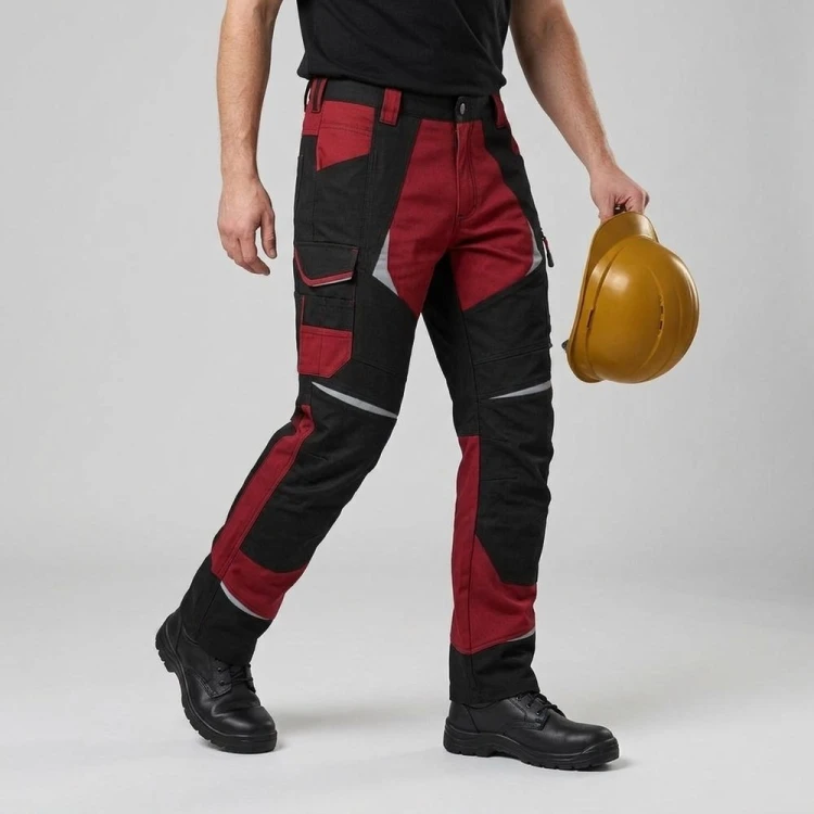 Spodnie robocze COTTONFLEX czarno-czerwone na modelu