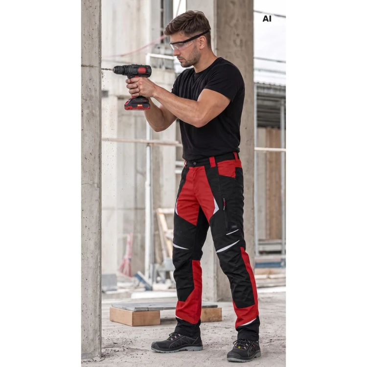 Spodnie COTTONFLEX czarno-czerwone – zdjęcie w użyciu