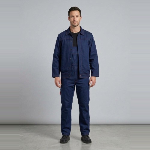 Zestaw spawalniczy SPAWACZ STANDARD bluza + ogrodniczki granatowy na modelu