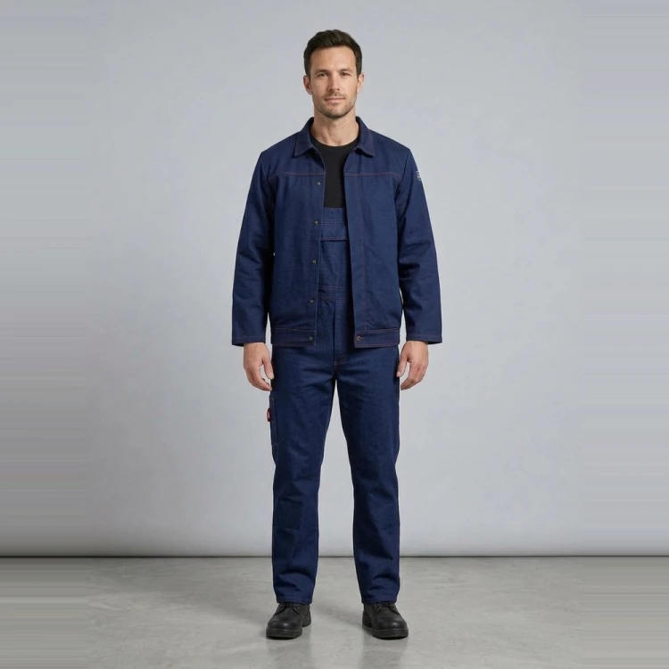 Zestaw spawalniczy SPAWACZ STANDARD bluza + ogrodniczki granatowy na modelu