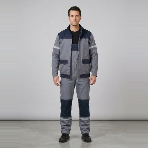 Zestaw spawalniczy SPAWACZ LIGHT bluza + ogrodniczki szaro-granatowy na modelu