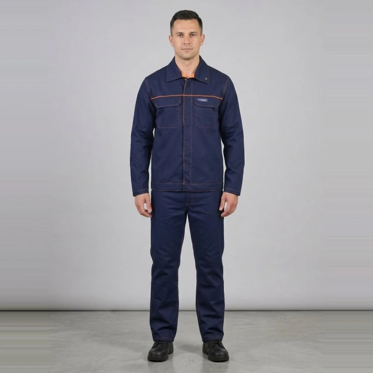 Zestaw spawalniczy antystatyczny PROFFLAM ANTISTATIC bluza + spodnie granatowy na modelu