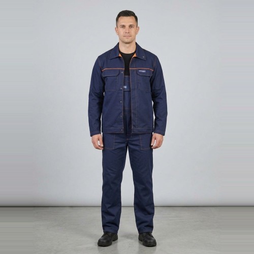 Zestaw spawalniczy antystatyczny PROFFLAM ANTISTATIC bluza + ogrodniczki granatowy na modelu