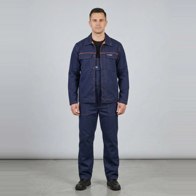 Zestaw spawalniczy antystatyczny PROFFLAM ANTISTATIC bluza + ogrodniczki granatowy na modelu