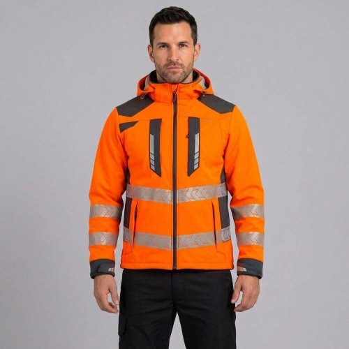 Softshell ostrzegawczy DROGOWIEC COMFORT pomarańczowy na modelu