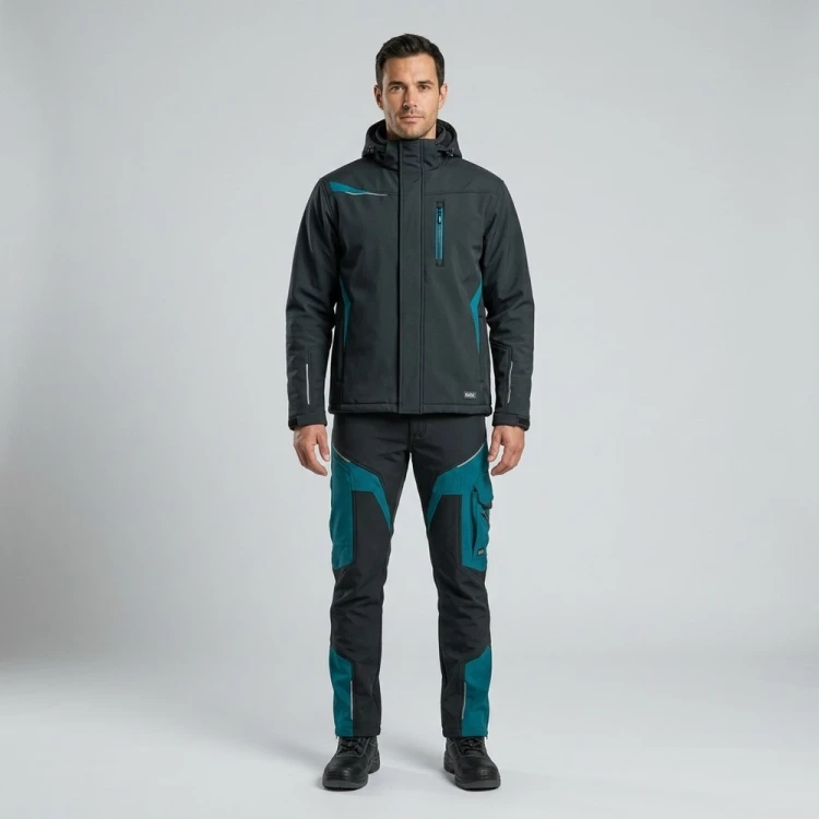 Zimowy zestaw roboczy COMFORT WINTER czarno-petrolowy na modelu