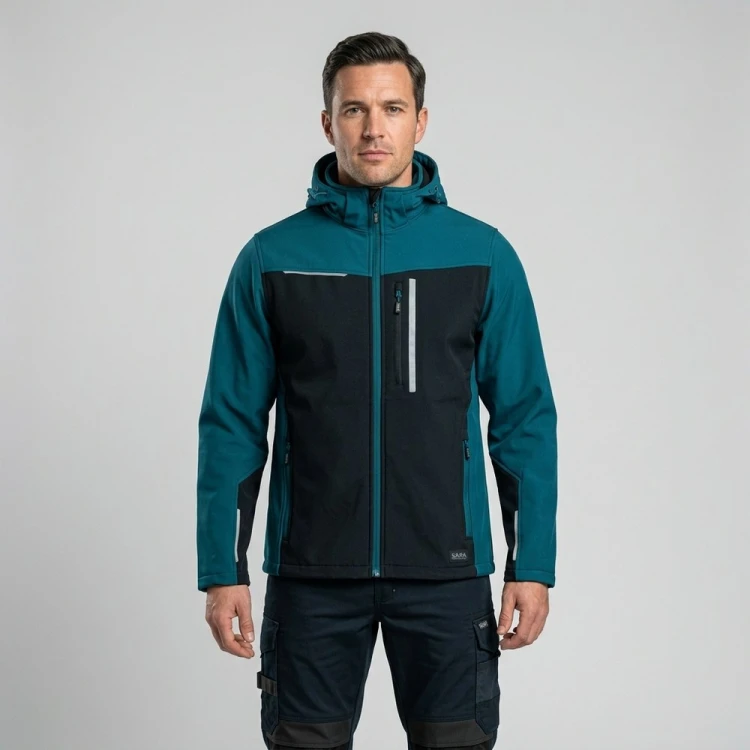 Softshell roboczy COMFORT PLUS czarno-petrolowy na modelu