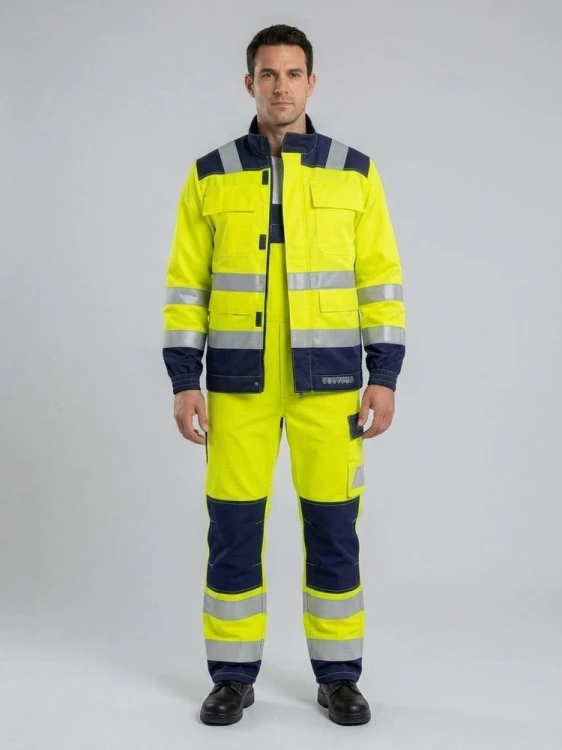 Zestaw MULTI PRO NEW 6w1 bluza + ogrodniczki żółto-granatowy na modelu