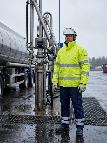 Kurtka Multinorm Hi-Vis ROSSINI 1969 w użyciu – baza paliwowa w deszczu