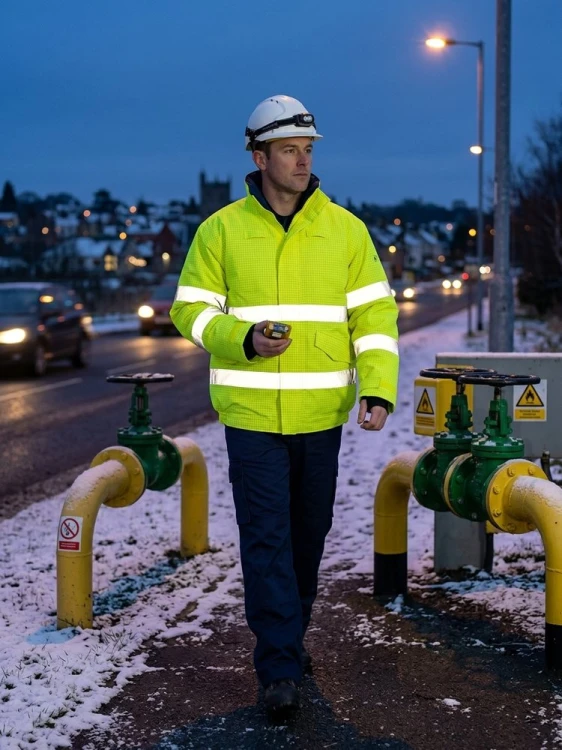Kurtka Multinorm Hi-Vis ROSSINI 1969 w użyciu – zimą przy instalacji gazowej