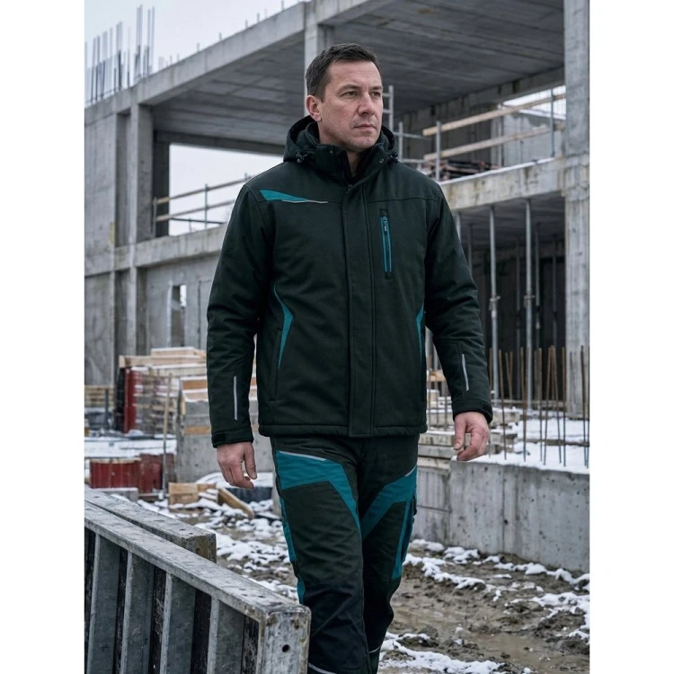 Kurtka zimowa COMFORT WINTER czarno-petrolowa w pracy – ujęcie 2