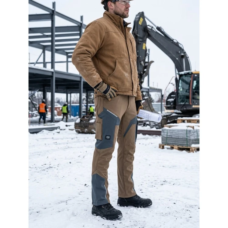 Spodnie COMFORT WINTER brązowo-grafitowe w pracy na budowie zimą