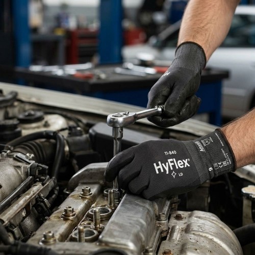 Rękawice Ansell HyFlex 11-840 przy pracy mechanika