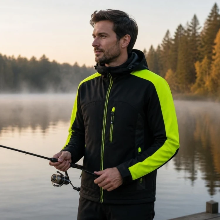 Kurtka softshell outdoor na rybach nad jeziorem