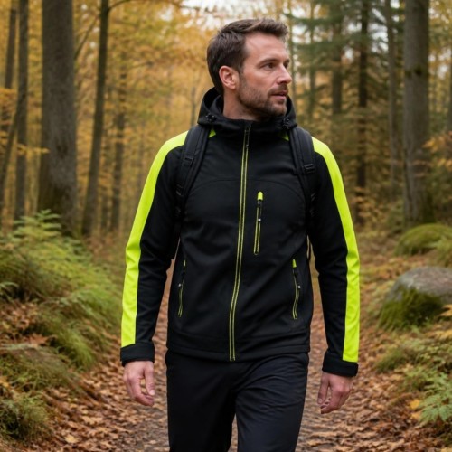 Kurtka softshell outdoor na spacerze w lesie