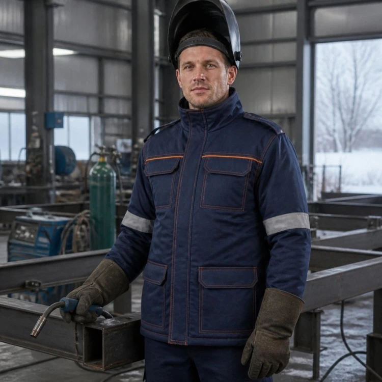 Spawacz w kurtce ocieplanej PROFFLAM ANTISTATIC PROF4 w hali zimą