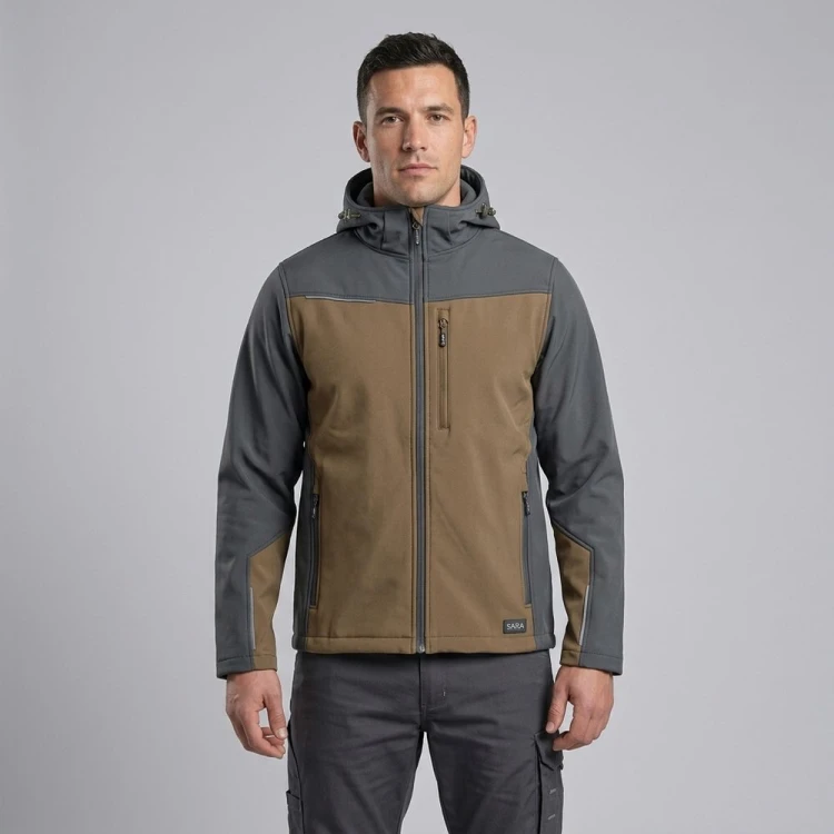 Softshell roboczy COMFORT PLUS brązowo-szary na modelu