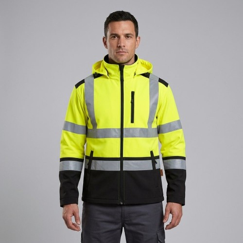 Kurtka softshell ostrzegawcza SOFTREF żółta na modelu
