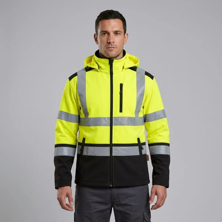 Kurtka softshell ostrzegawcza SOFTREF żółta na modelu