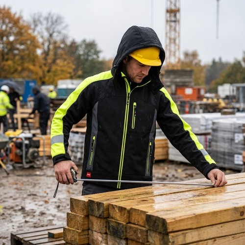Kurtka softshell CLASSWORK czarno-żółta w pracy na budowie
