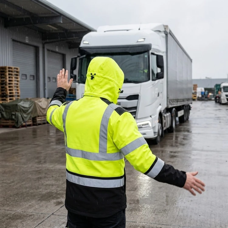Kurtka softshell SOFTREF żółta w pracy na placu logistycznym