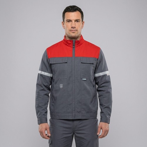 Bluza antystatyczna PIORUN ciemnoszaro-czerwona na modelu