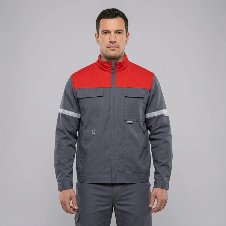 Bluza antystatyczna PIORUN ciemnoszaro-czerwona na modelu