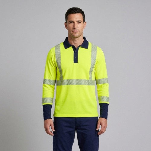 Koszulka polo trudnopalna MULTI PRO 4w1 żółto-granatowa na modelu