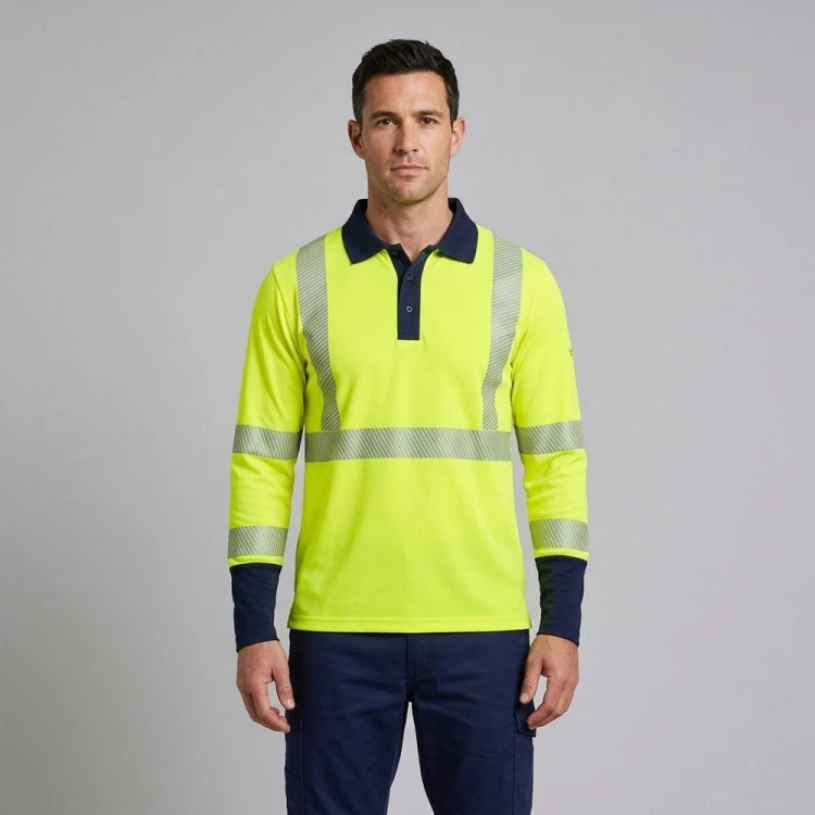 Koszulka polo trudnopalna MULTI PRO 4w1 żółto-granatowa na modelu