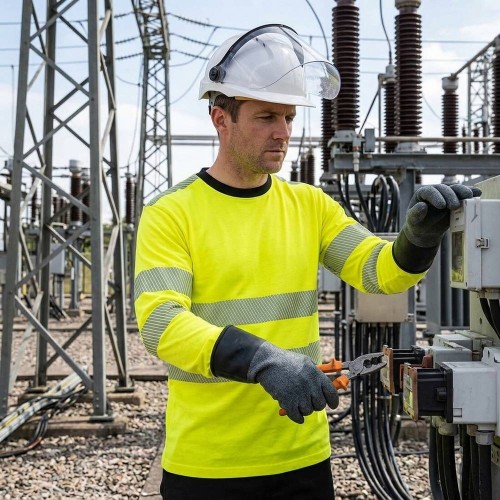 Koszulka trudnopalna Portwest FR701 żółta w pracy na stacji elektroenergetycznej